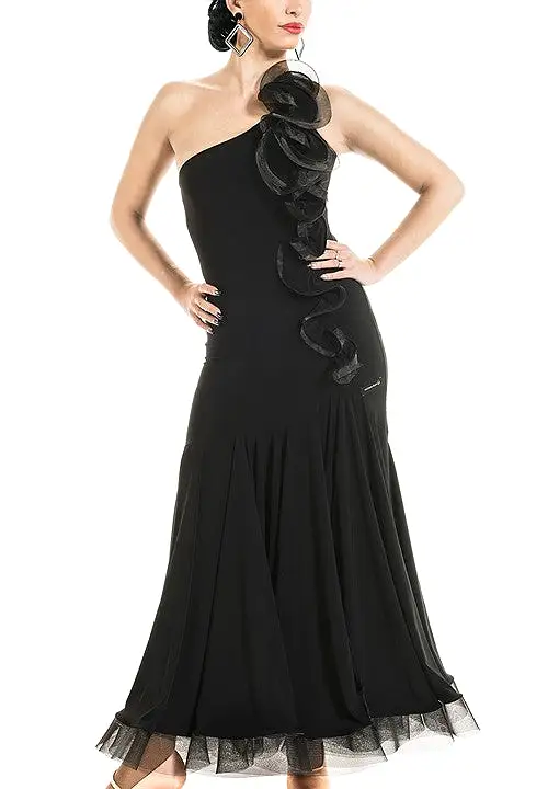 Victoria Blitz Black Ballroom Practice Dress with Asymmetrical Neckline, Flower Shape Decoration, and Open Back Design PRA 904 i