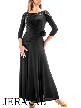 Victoria Blitz Edu Black Ballroom Practice Dress with Lace Neckline, 3/4 Length Sleeves, and Ruching PRA 885 in Stock