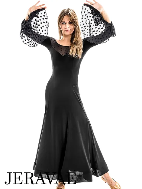 Victoria Blitz Elvi Black Ballroom Practice Dress with Velvet Polka Dots on Flowy Net Sleeves and Illusion Neckline PRA 893 in S