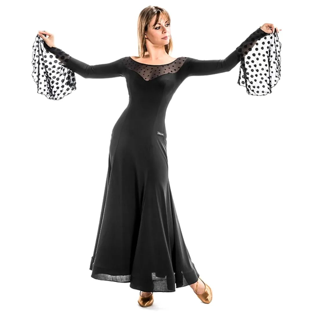 Victoria Blitz Elvi Black Ballroom Practice Dress with Velvet Polka Dots on Flowy Net Sleeves and Illusion Neckline PRA 893 in S