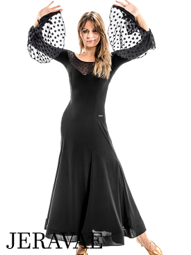 Victoria Blitz Elvi Black Ballroom Practice Dress with Velvet Polka Dots on Flowy Net Sleeves and Illusion Neckline PRA 893 in S