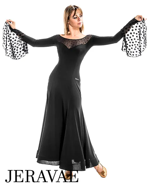 Victoria Blitz Elvi Black Ballroom Practice Dress with Velvet Polka Dots on Flowy Net Sleeves and Illusion Neckline PRA 893 in S