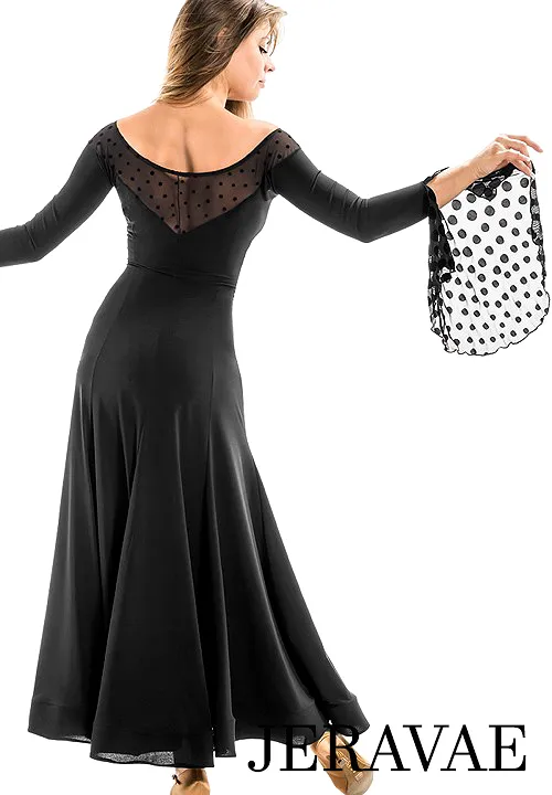 Victoria Blitz Elvi Black Ballroom Practice Dress with Velvet Polka Dots on Flowy Net Sleeves and Illusion Neckline PRA 893 in S