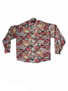 Vintage 1990s abstract print long sleeve shirt in pink and purple – L