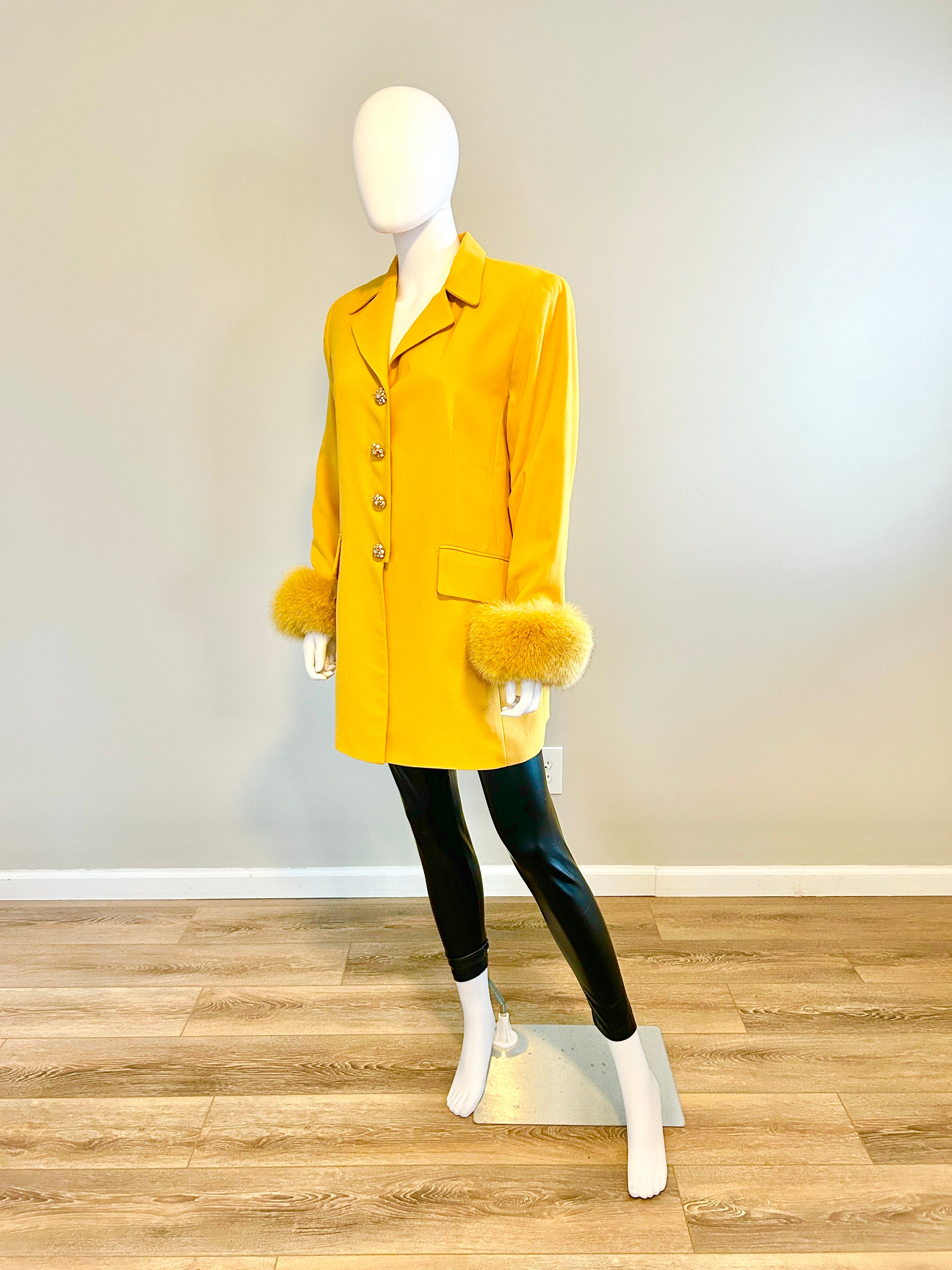 Vintage 1990s Yellow Blazer with Fur Cuffs / Vtg 90s Plus Size Blazer / Size XL