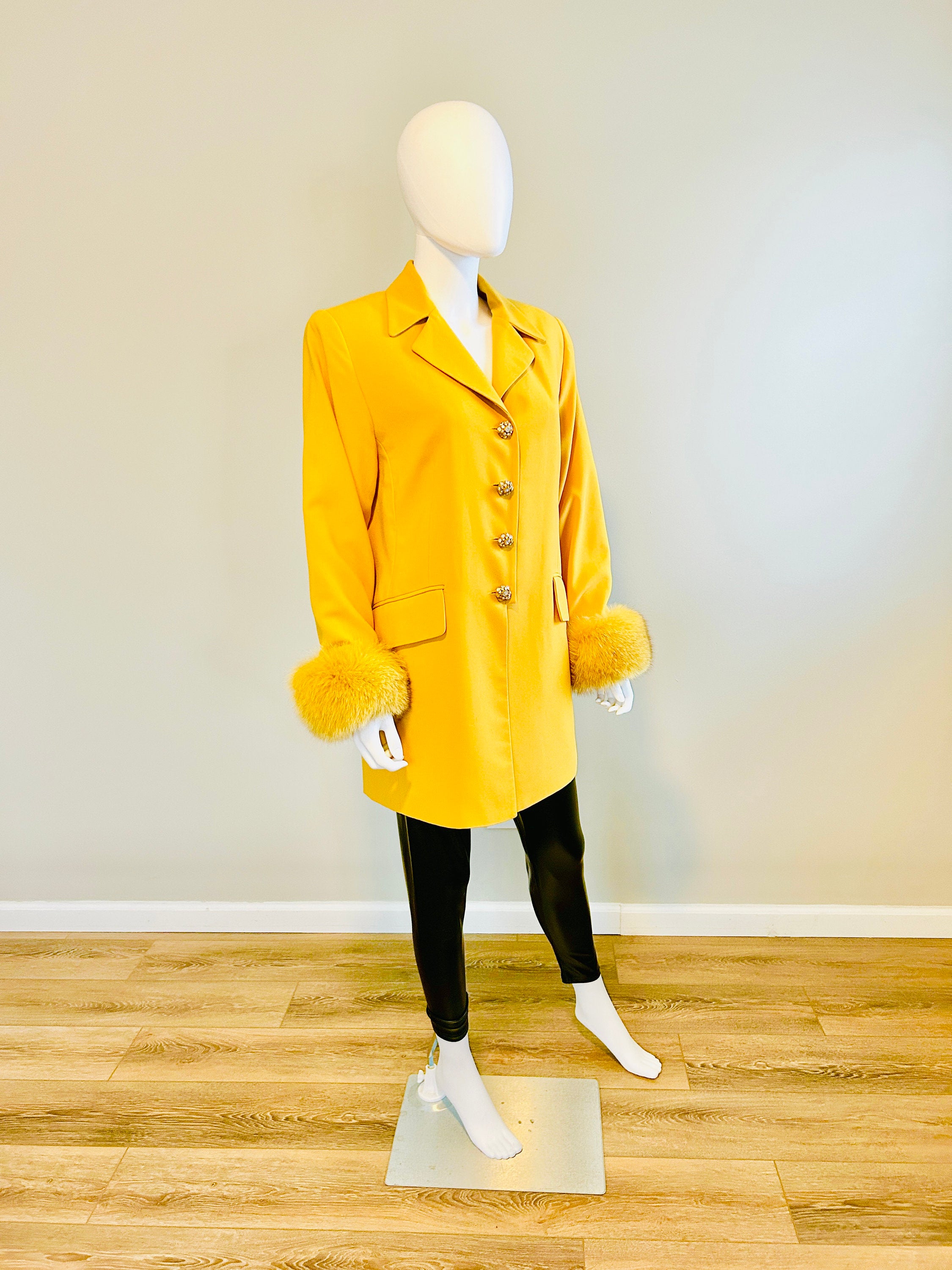 Vintage 1990s Yellow Blazer with Fur Cuffs / Vtg 90s Plus Size Blazer / Size XL