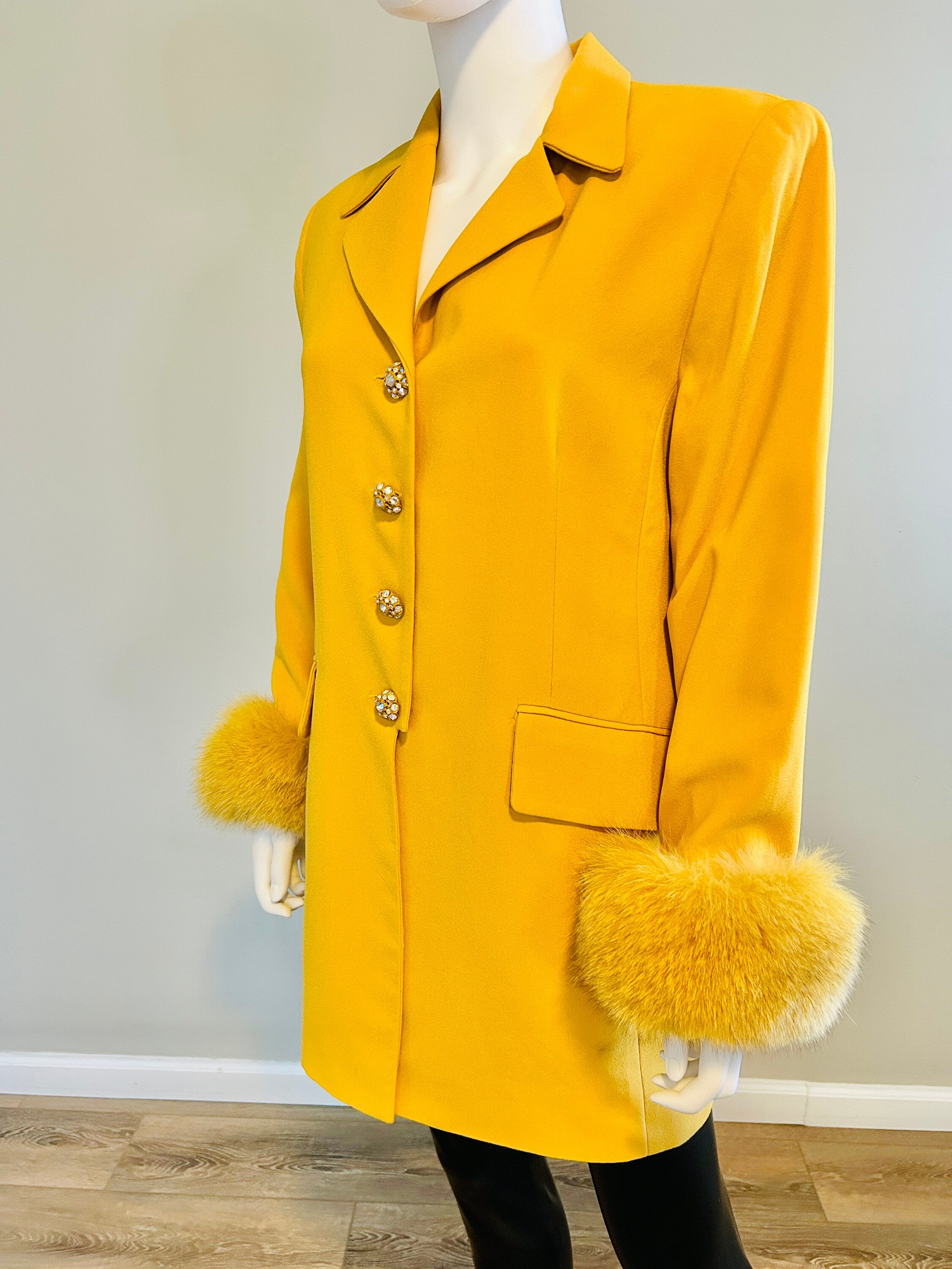 Vintage 1990s Yellow Blazer with Fur Cuffs / Vtg 90s Plus Size Blazer / Size XL