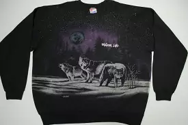 Wallowa Lake Oregon Midnight Moon Wolf Vintage 90's Crewneck Wilderness Sweatshirt