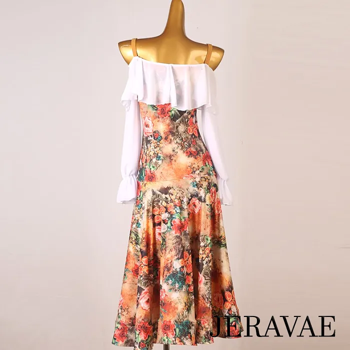 Warm Floral Rose Print Ballroom Practice Dress with Loose White Chiffon Collar and Long Sleeves PRA 839_sale