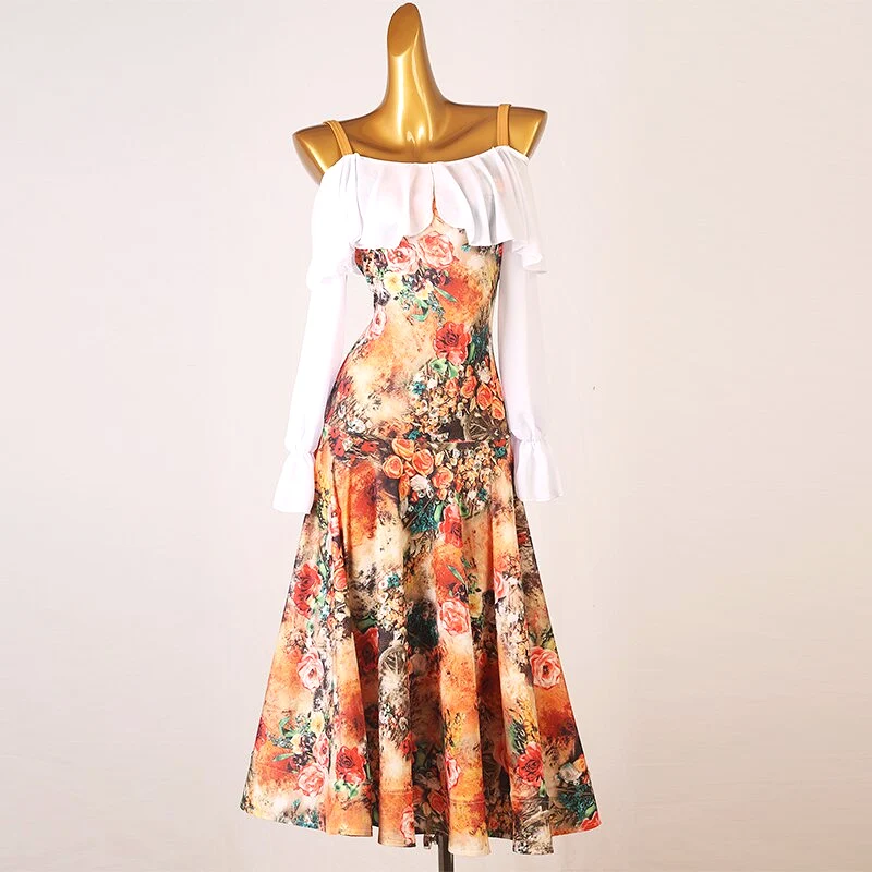 Warm Floral Rose Print Ballroom Practice Dress with Loose White Chiffon Collar and Long Sleeves PRA 839_sale