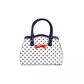 White and Navy Polka Dot Handbag with Red Bow detail