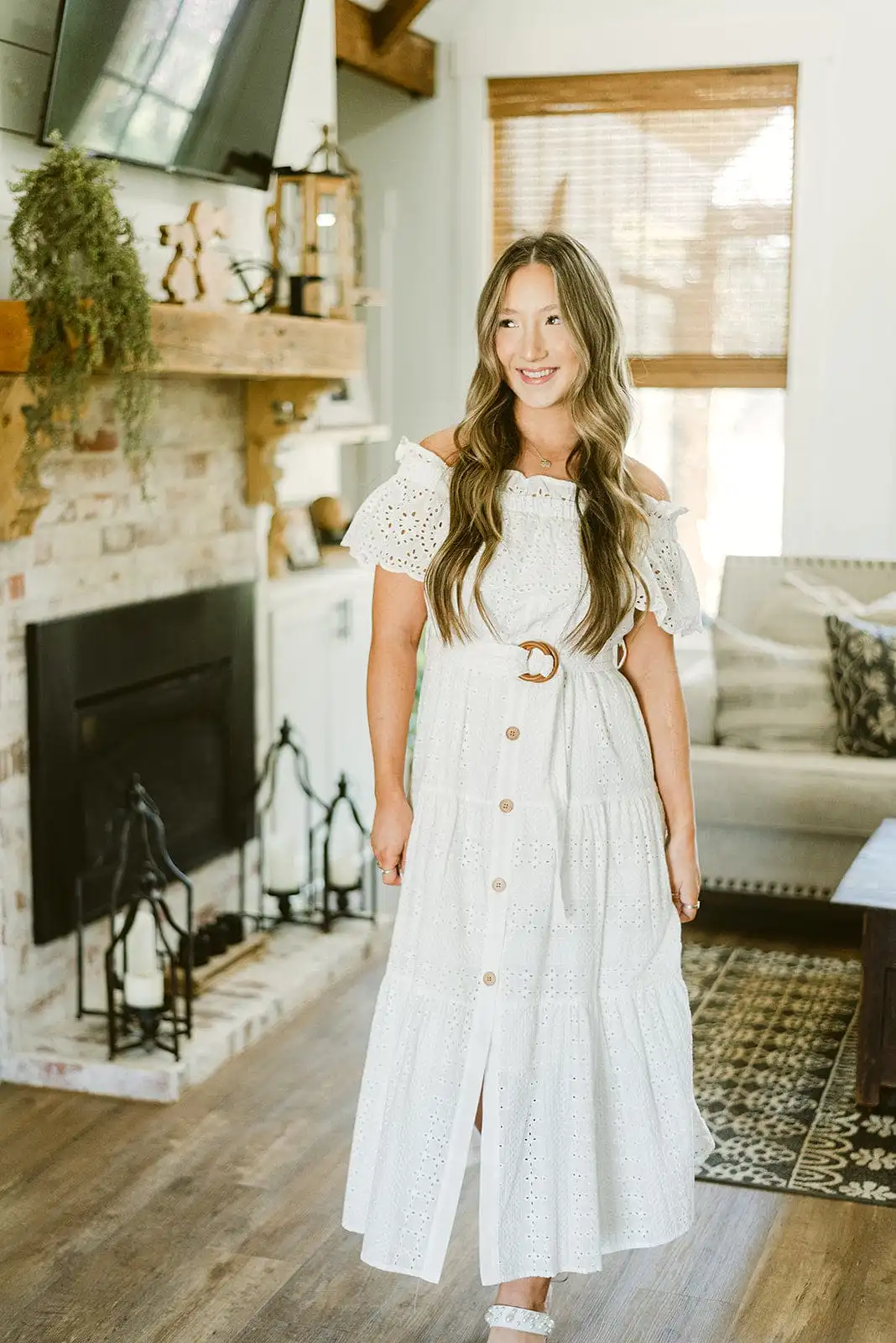 White Eyelet Lace Belted Maxi Dress