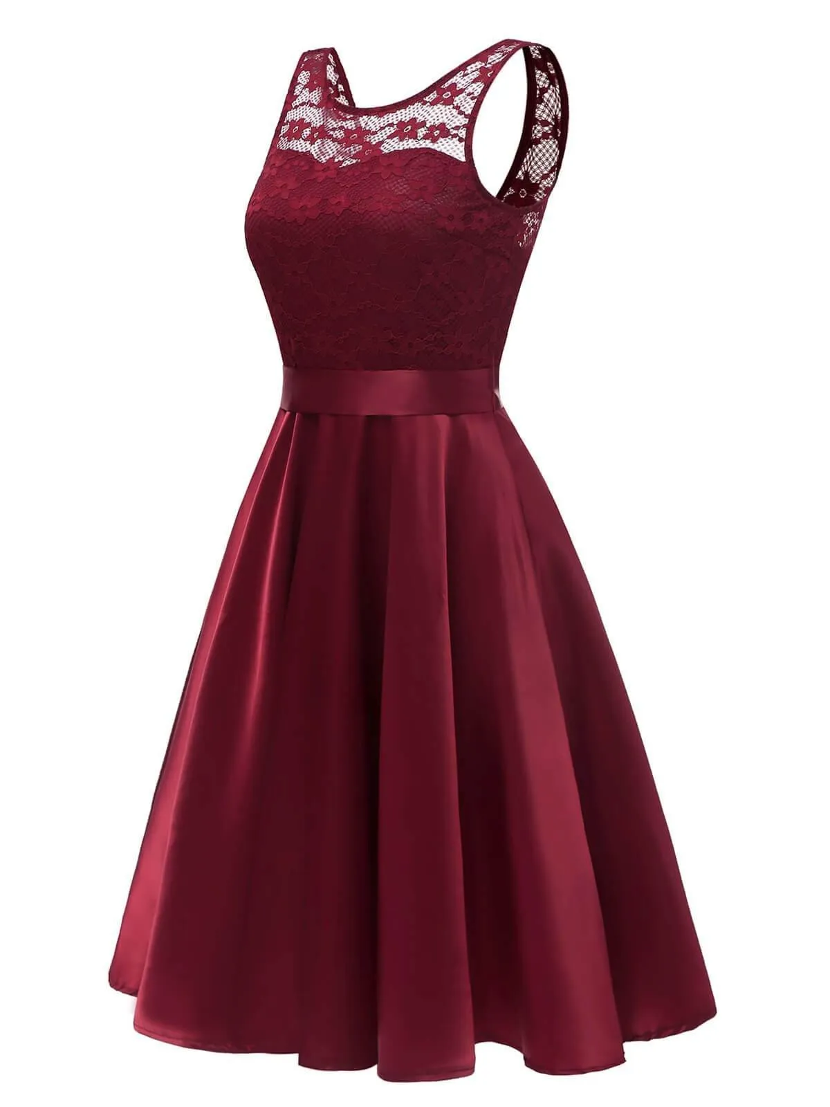 Wine Red 1950s Patchwork Belted Swing Dress