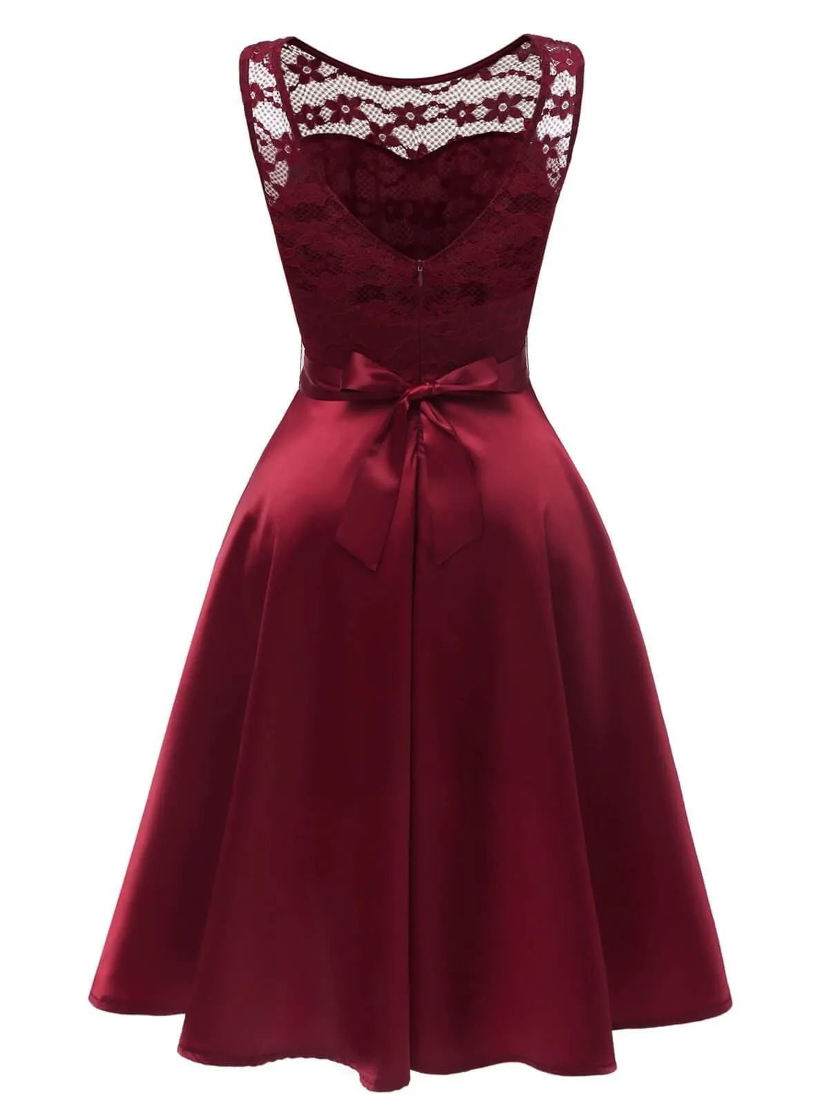 Wine Red 1950s Patchwork Belted Swing Dress