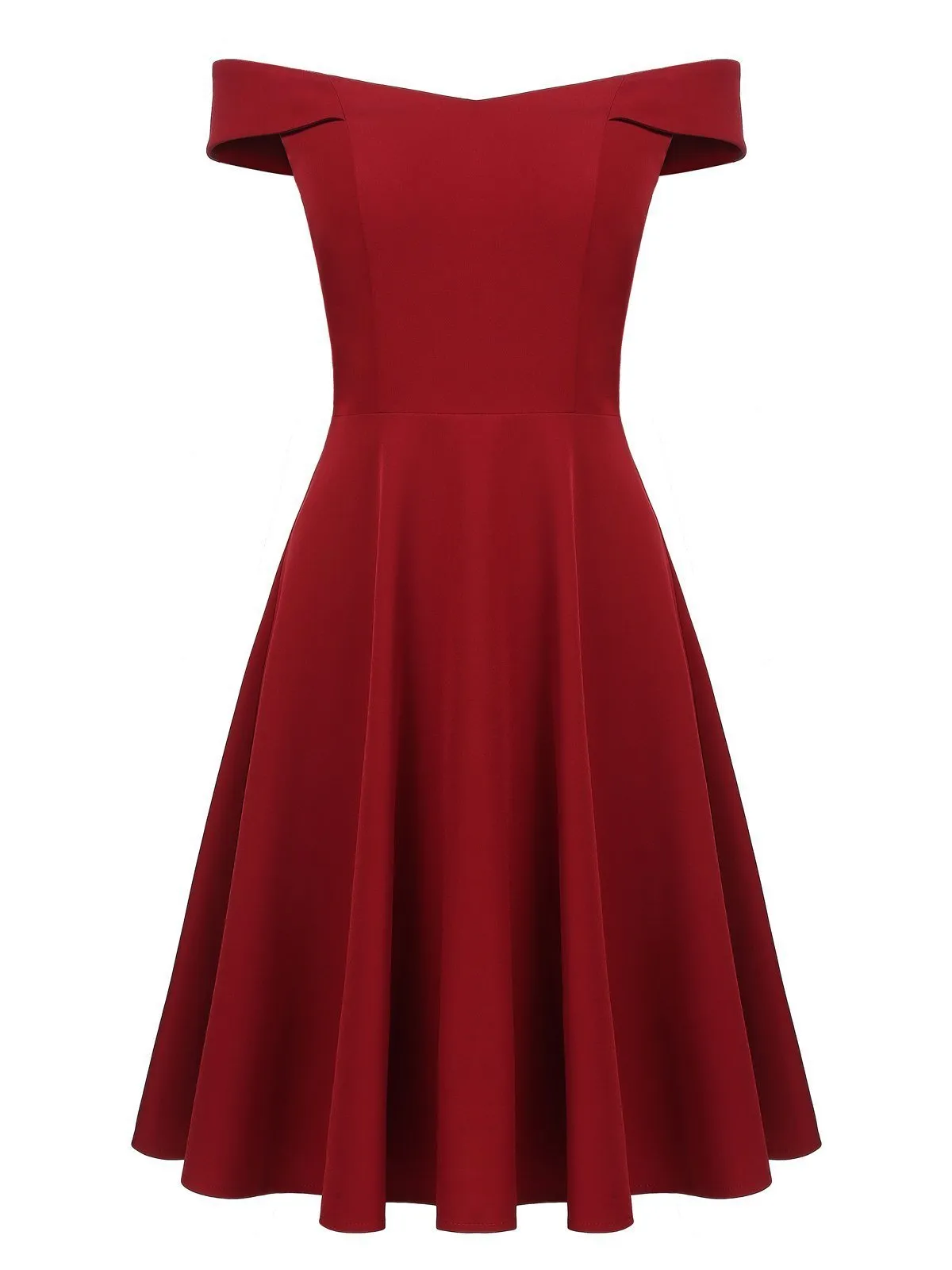 Wine Red 1950s Solid Off Shoulder Dress