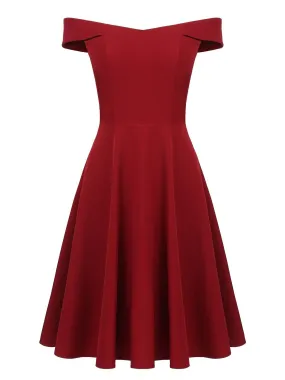 Wine Red 1950s Solid Off Shoulder Dress