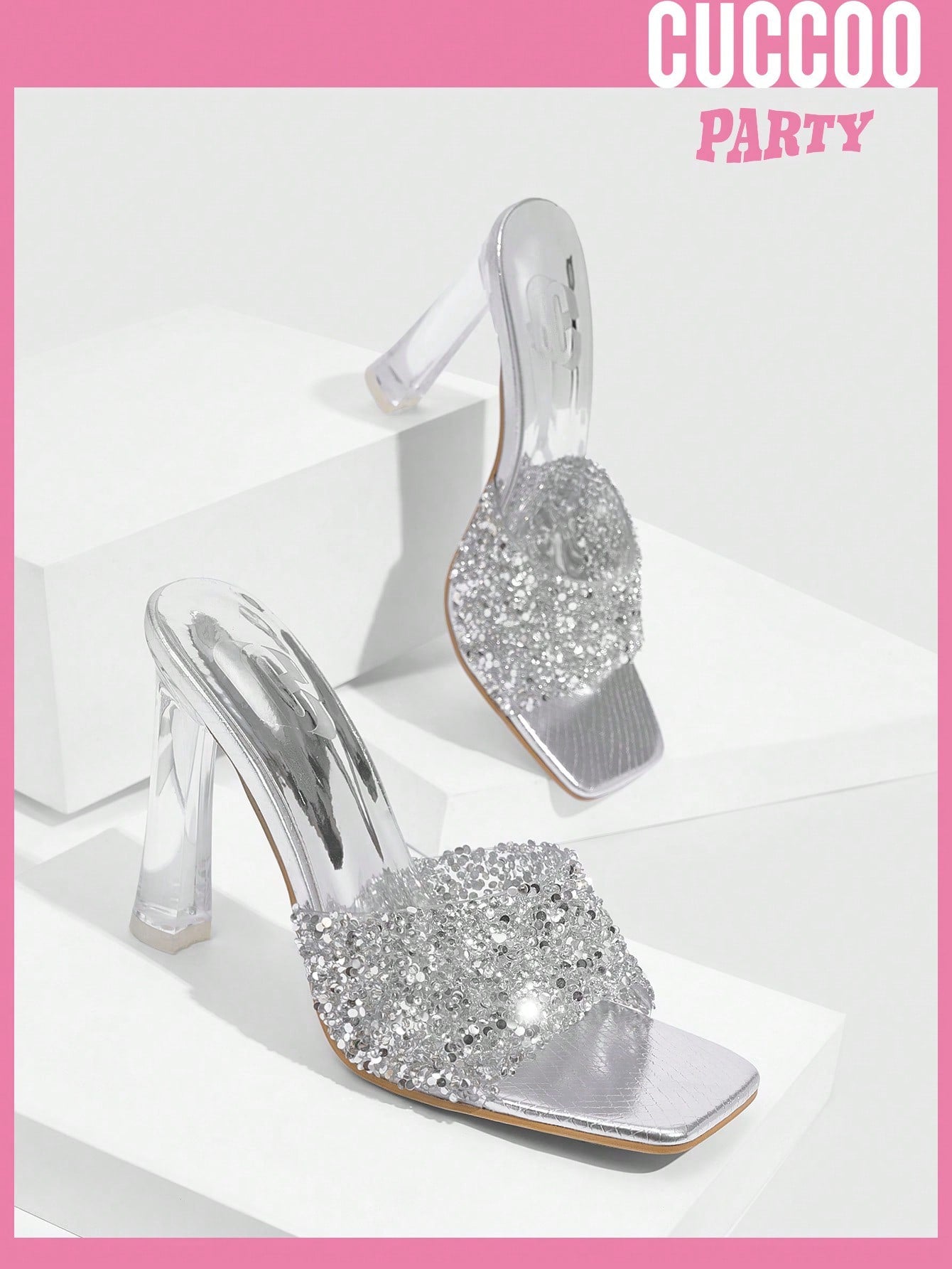 Woman Shoes Fashionable, Sexy, Transparent, Square-Toed Sandals With Glittery High-Heels For Spring And Summer