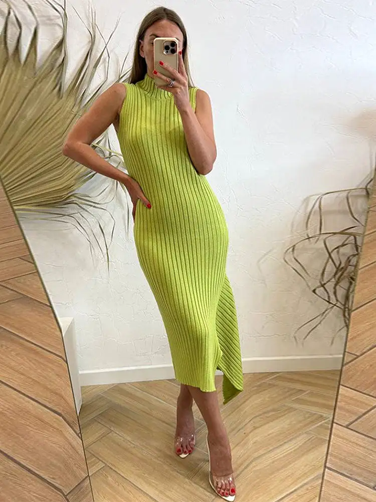 Women's Elegant Green Knitted Mermaid Dress Female  Sleeveless Maxi Dress