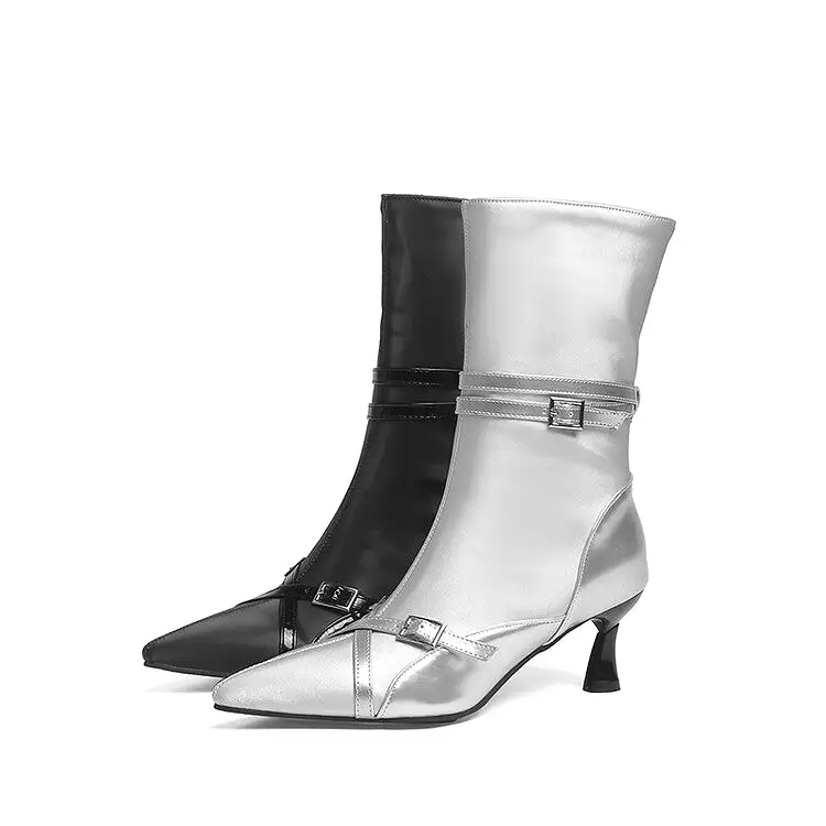 Women's Glossy Pointed Toe Buckle Straps Middle Heel Ankle Boots