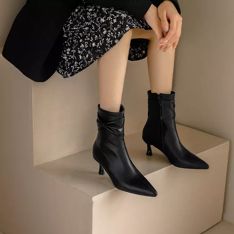 Women's Pu Leather Pointed Toe Side Bow Tie Spool Heel Ankle Boots