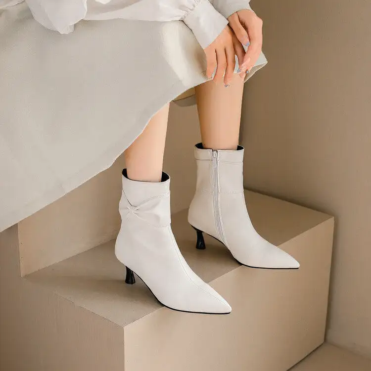 Women's Pu Leather Pointed Toe Side Bow Tie Spool Heel Ankle Boots