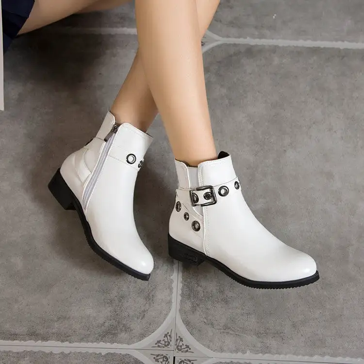 Women's Pu Leather Round Toe Metal Buckle Straps Side Zippers Block Chunky Heel Ankle Boots