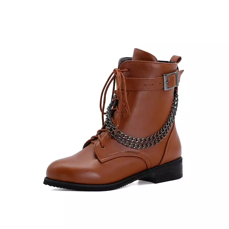 Women's Pu Leather Round Toe Metal Chains Lace Up Zippers Pocket Block Chunky Heel Ankle Boots