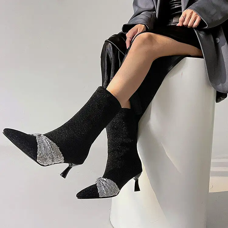 Women's Sparkling Sequins Pointed Toe Spool Heel Ankle Boots