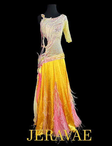 Yellow Smooth Ballroom Dress with One Half Sleeve, Side Cutout, Ruching and Flower Detail on Hips, Stones, and Feathers Sz S Smo