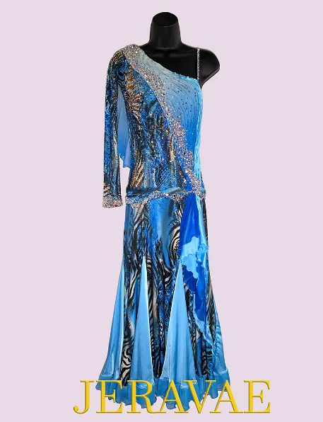 Zebra and Snake Skin Print Blue Smooth Ballroom Dress with One Long Sleeve, Ruching, and Asymmetrical Neckline Smo149 Sz S