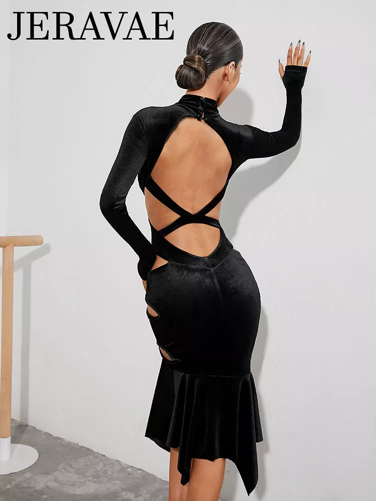 ZYM Dance Style Vivian Long Sleeve Black Velvet Latin Practice Dress with High Neck, Open Back, and Cutout Details PRA 914 in St