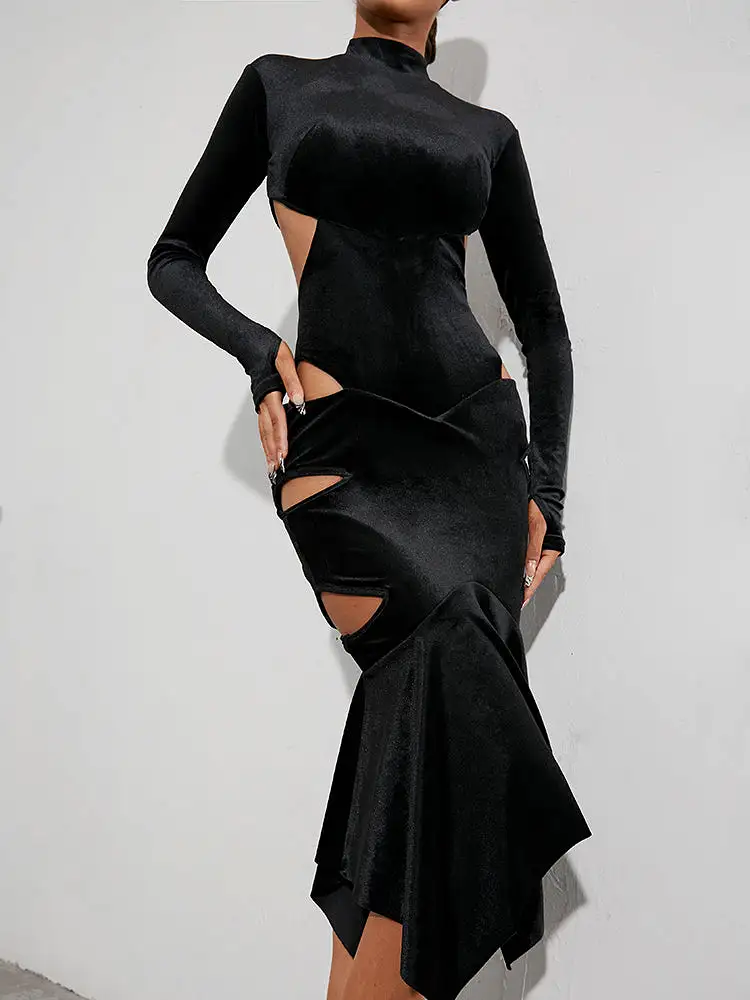 ZYM Dance Style Vivian Long Sleeve Black Velvet Latin Practice Dress with High Neck, Open Back, and Cutout Details PRA 914 in St